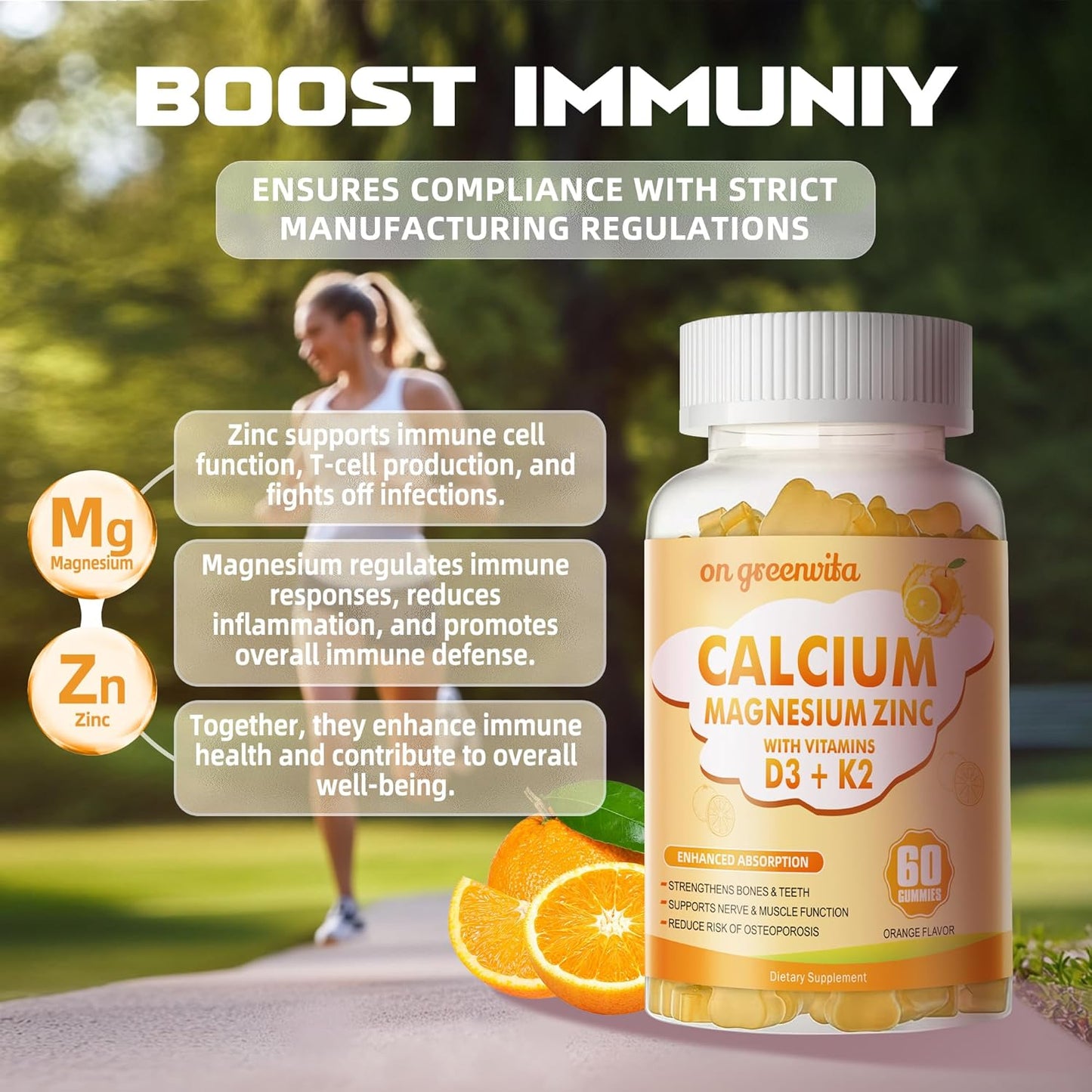 High Potency Greenvita Calcium Magnesium Zinc Gummies with Vitamin D3 & K2 - Enhanced Absorption - 120 Orange Flavored Gummies