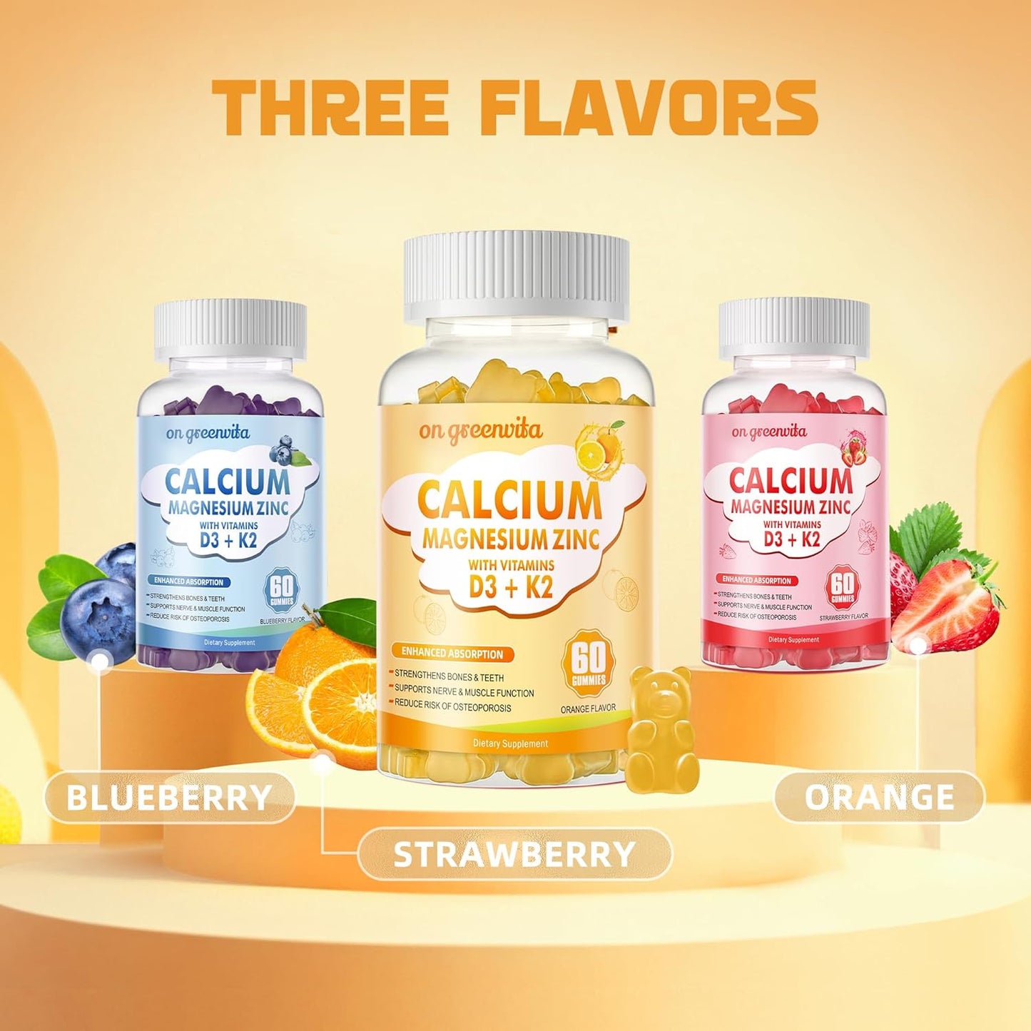 High Potency Greenvita Calcium Magnesium Zinc Gummies with Vitamin D3 & K2 - Enhanced Absorption - 120 Orange Flavored Gummies