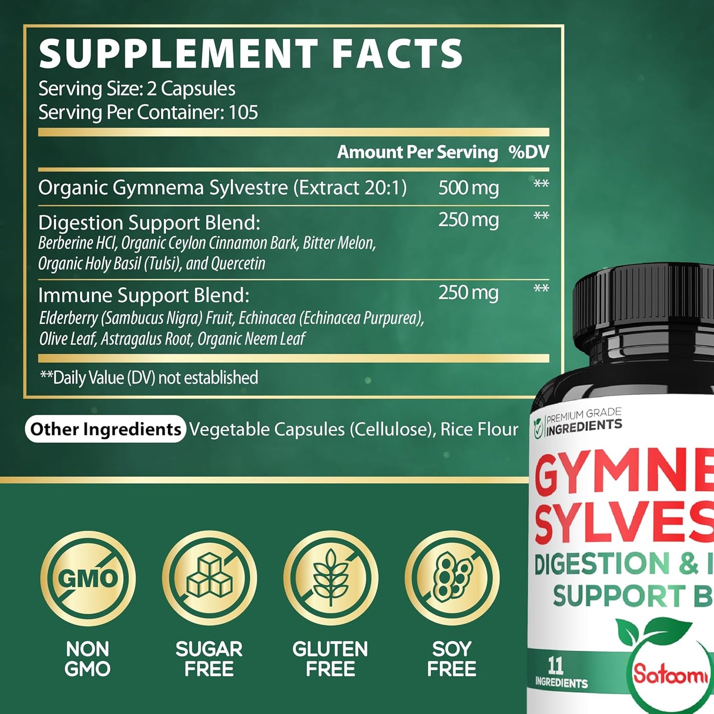 High Potency Gymnema Sylvestre Supplements - 1000mg - 210 Capsules with Gymnema Extract 20:1, Berberine HCl, Quercetin - Immune, Digestive Health Support