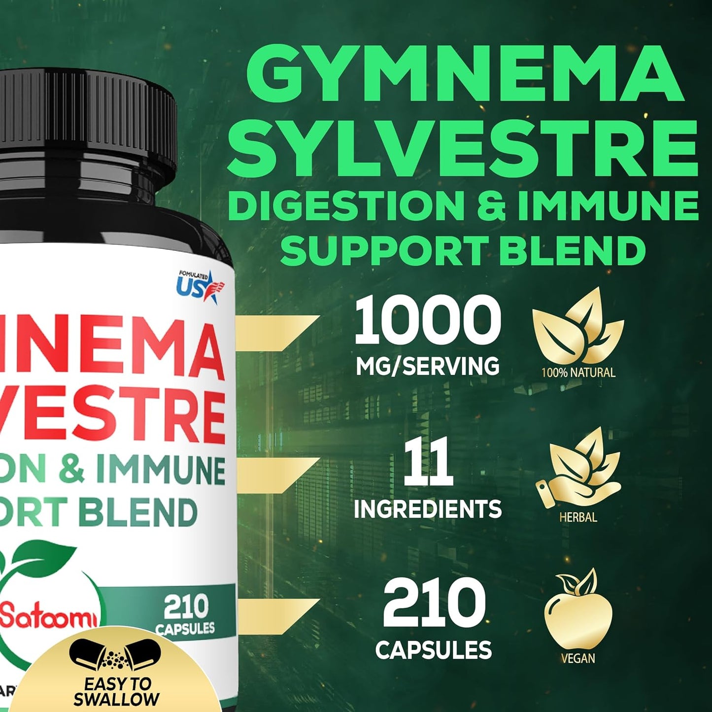 High Potency Gymnema Sylvestre Supplements - 1000mg - 210 Capsules with Gymnema Extract 20:1, Berberine HCl, Quercetin - Immune, Digestive Health Support