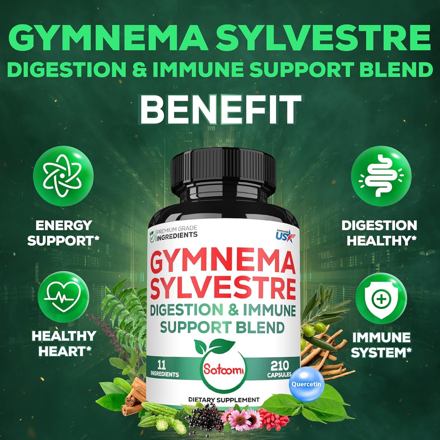 High Potency Gymnema Sylvestre Supplements - 1000mg - 210 Capsules with Gymnema Extract 20:1, Berberine HCl, Quercetin - Immune, Digestive Health Support