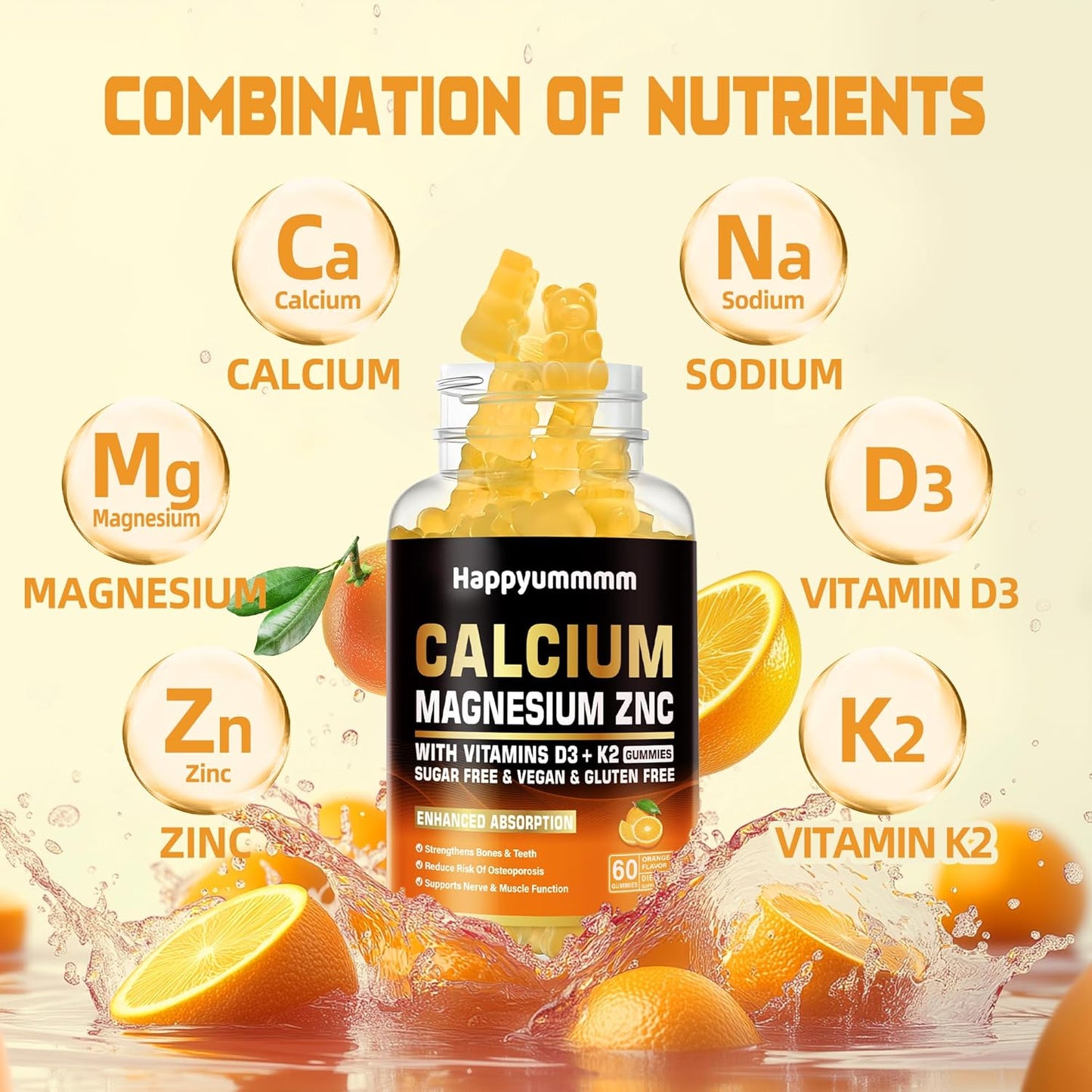 High Potency Happyummmm Calcium Magnesium Zinc Gummies with Vitamin D3 & K2 for Enhanced Absorption - 120 Orange Flavored Gummies