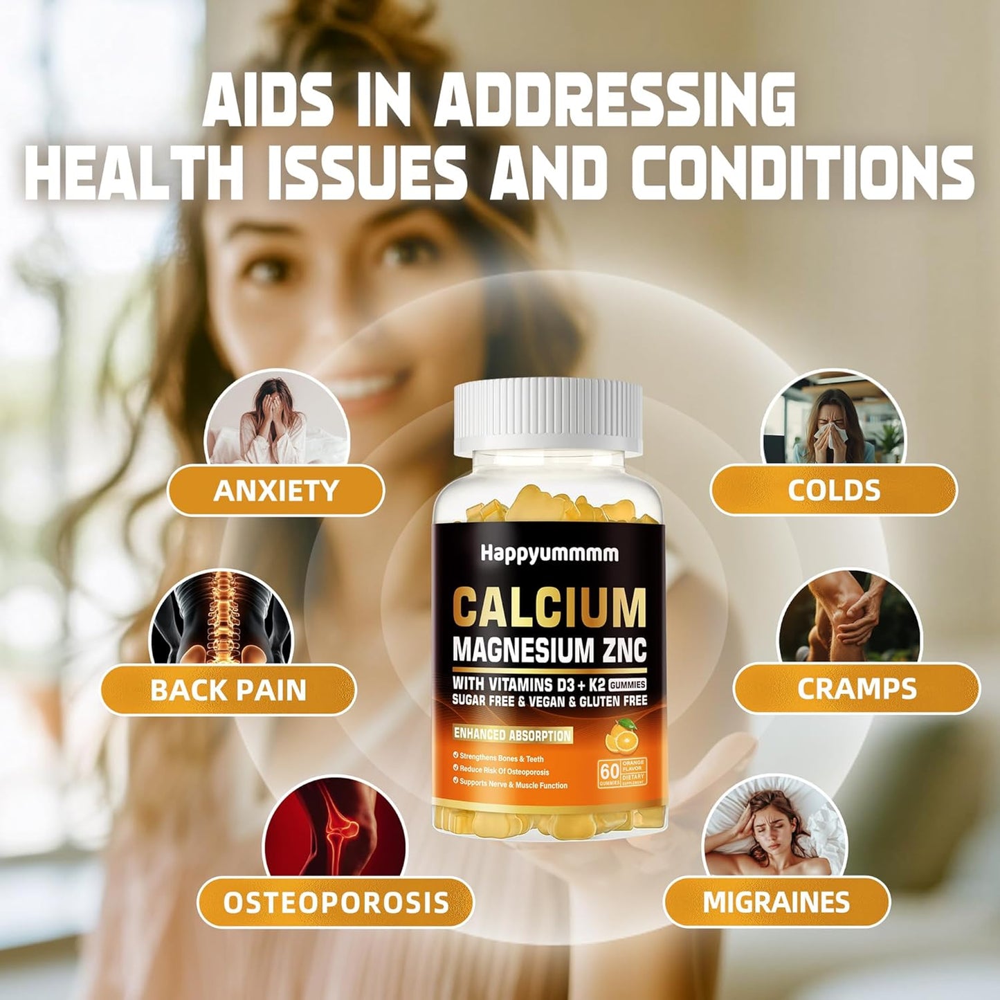 High Potency Happyummmm Calcium Magnesium Zinc Gummies with Vitamin D3 & K2 for Enhanced Absorption - 120 Orange Flavored Gummies