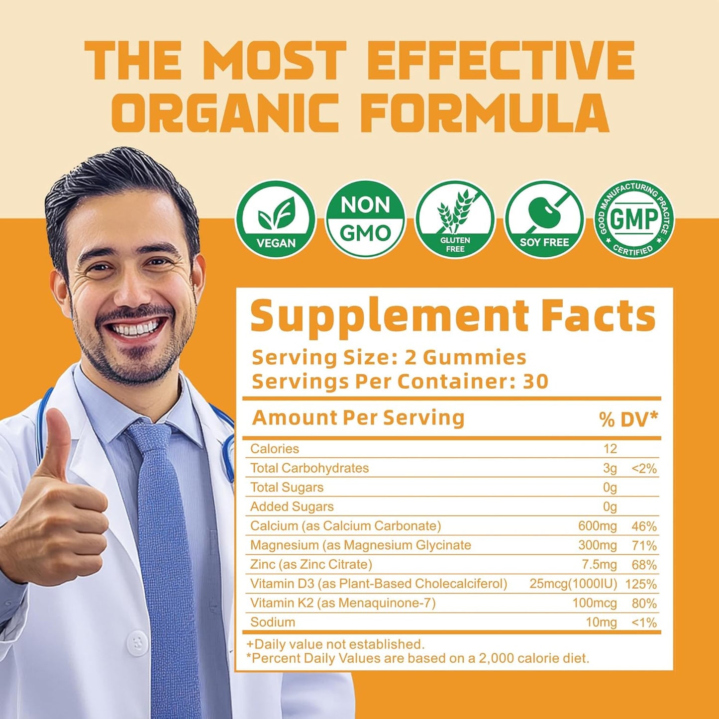 High Potency Happyummmm Calcium Magnesium Zinc Gummies with Vitamin D3 & K2 for Enhanced Absorption - 120 Orange Flavored Gummies