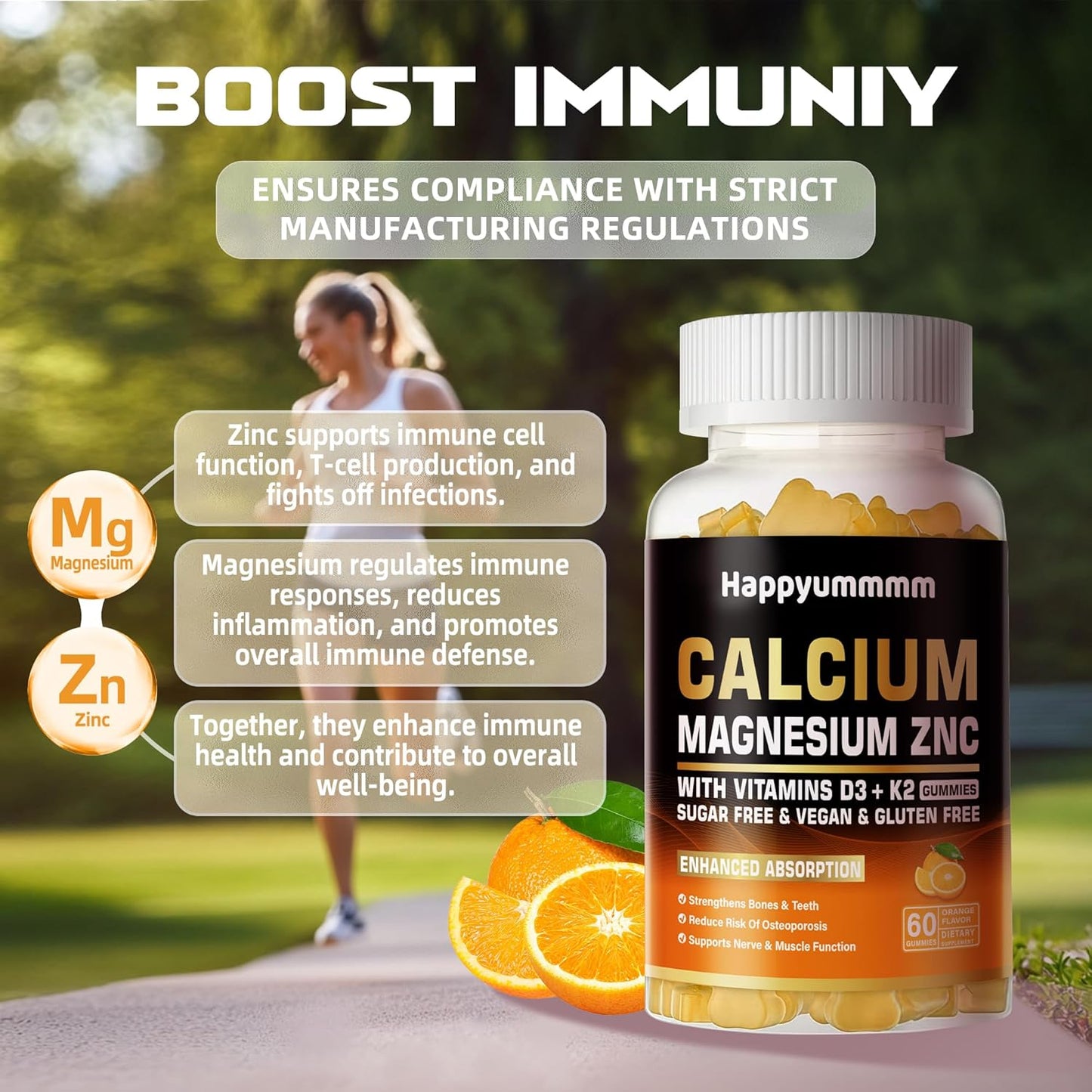 High Potency Happyummmm Calcium Magnesium Zinc Gummies with Vitamin D3 & K2 for Enhanced Absorption - 120 Orange Flavored Gummies