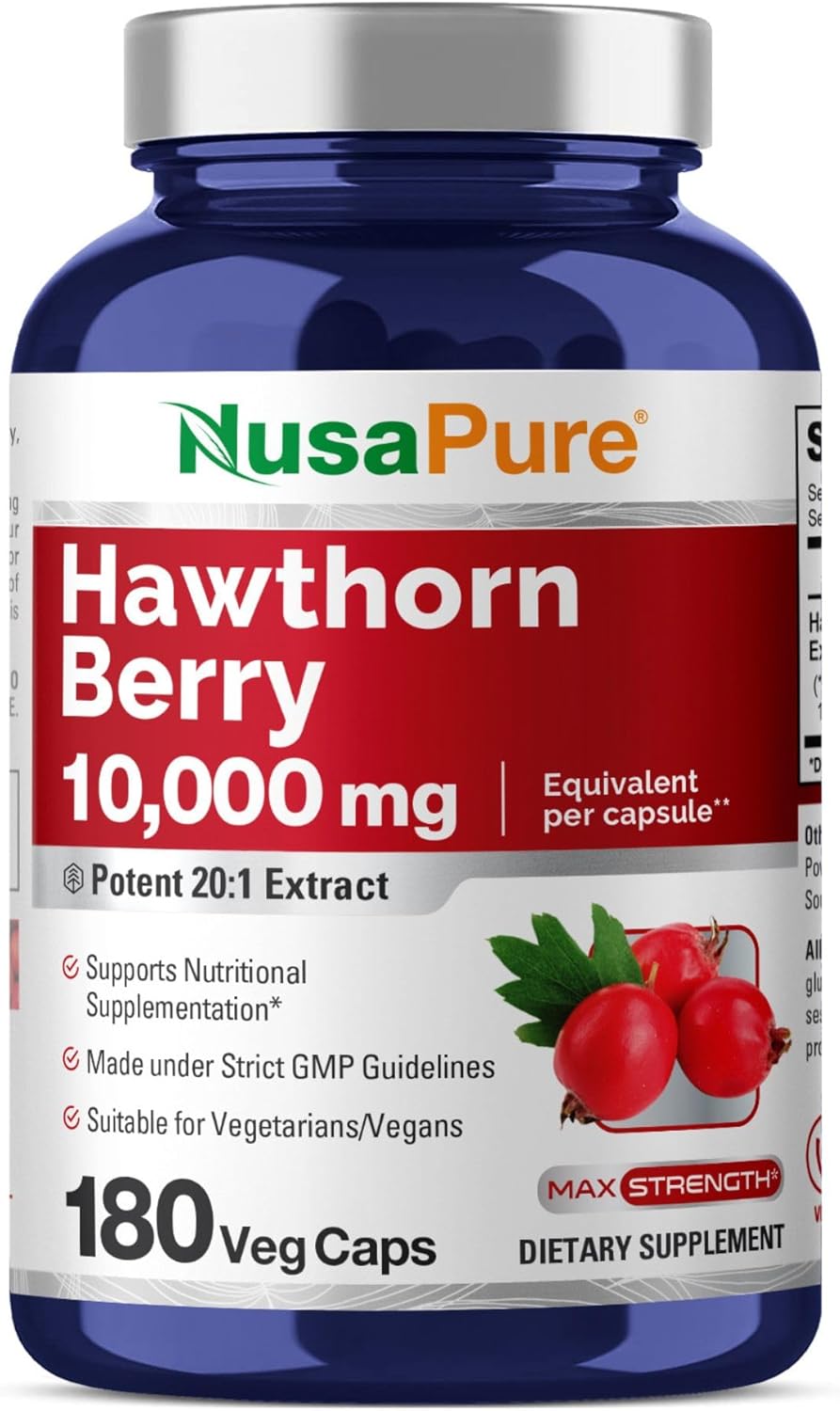 High Potency Hawthorn Berry Extract Capsules - 10,000mg, 180 Count, 20:1 Concentration, Vegan & Non-GMO by NusaPure