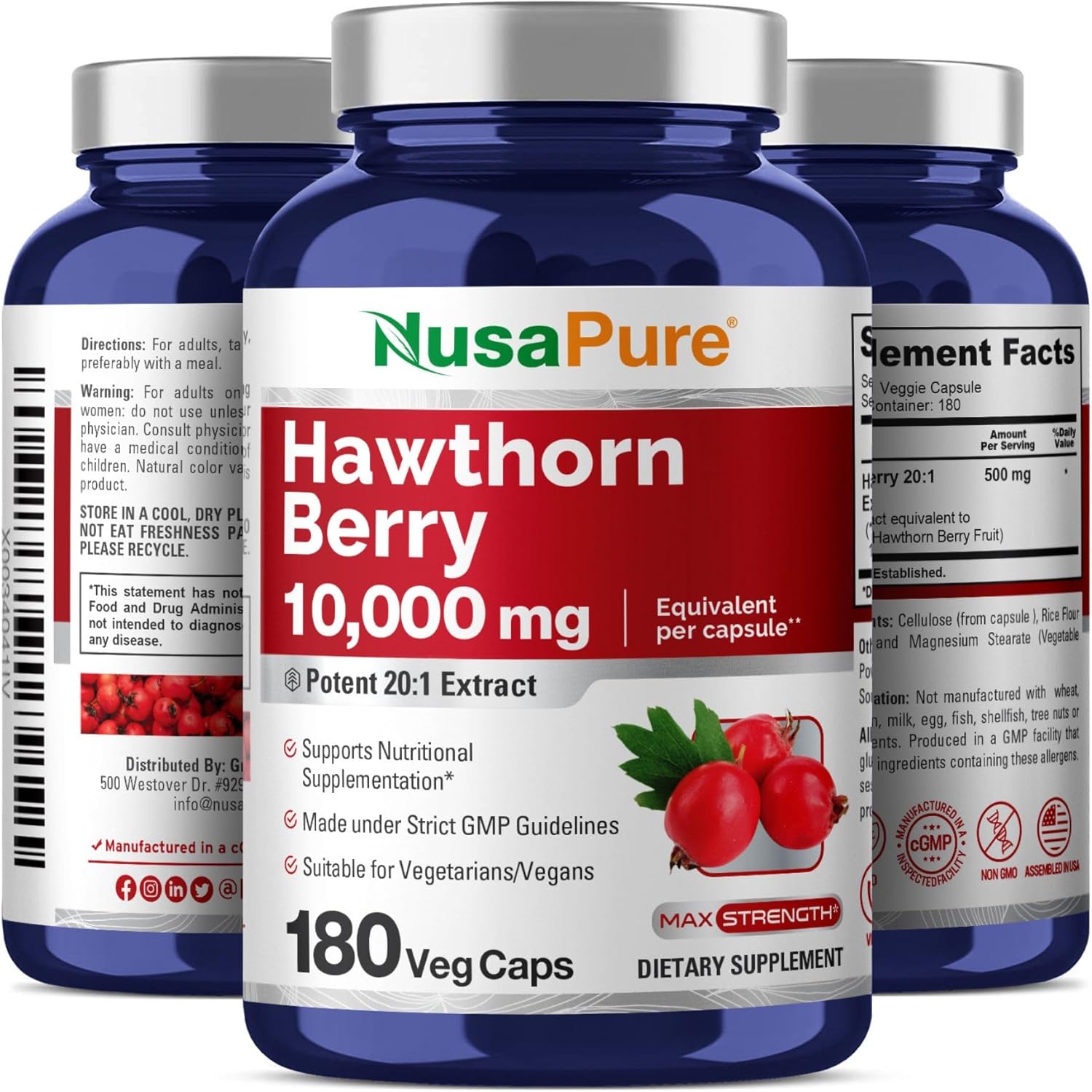 High Potency Hawthorn Berry Extract Capsules - 10,000mg, 180 Count, 20:1 Concentration, Vegan & Non-GMO by NusaPure