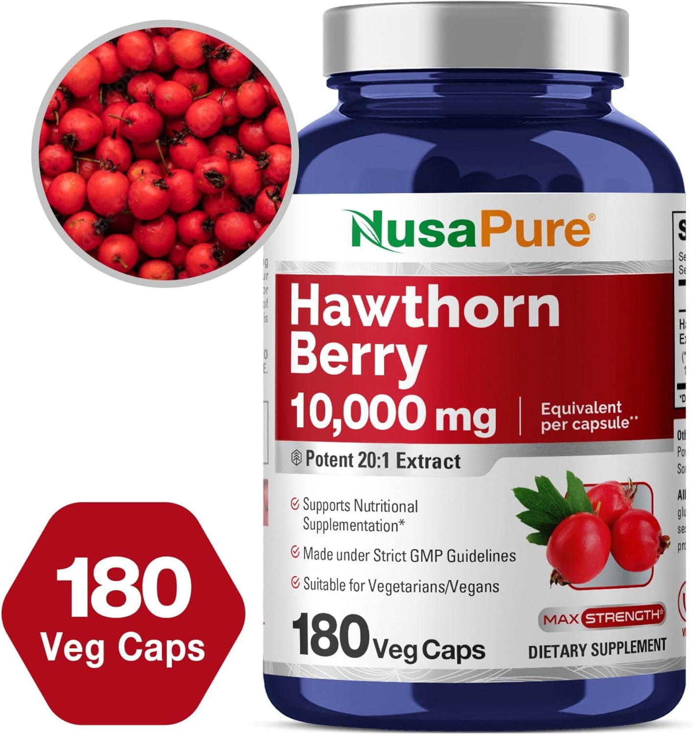 High Potency Hawthorn Berry Extract Capsules - 10,000mg, 180 Count, 20:1 Concentration, Vegan & Non-GMO by NusaPure