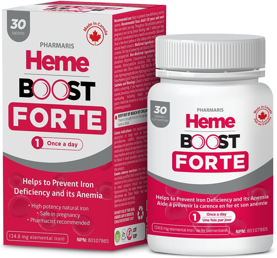High Potency Hemeboost Forte Iron Supplement - 30 Tablets - 34.8mg Heme Iron - Gentle & Safe for Adults and Pregnancy - High Absorption Formula