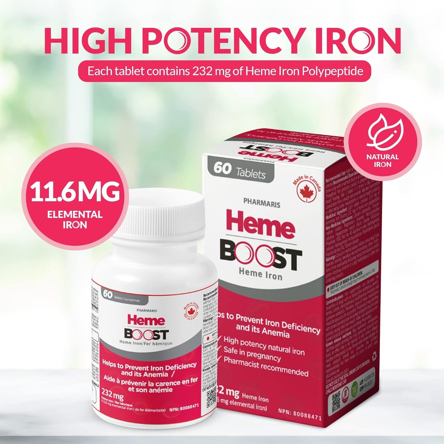 High Potency Hemeboost Iron Supplement - 60 Tablets with 11.6mg Heme Iron - Gentle on Stomach - Safe for Pregnancy - High Absorption Iron Pills for Adults