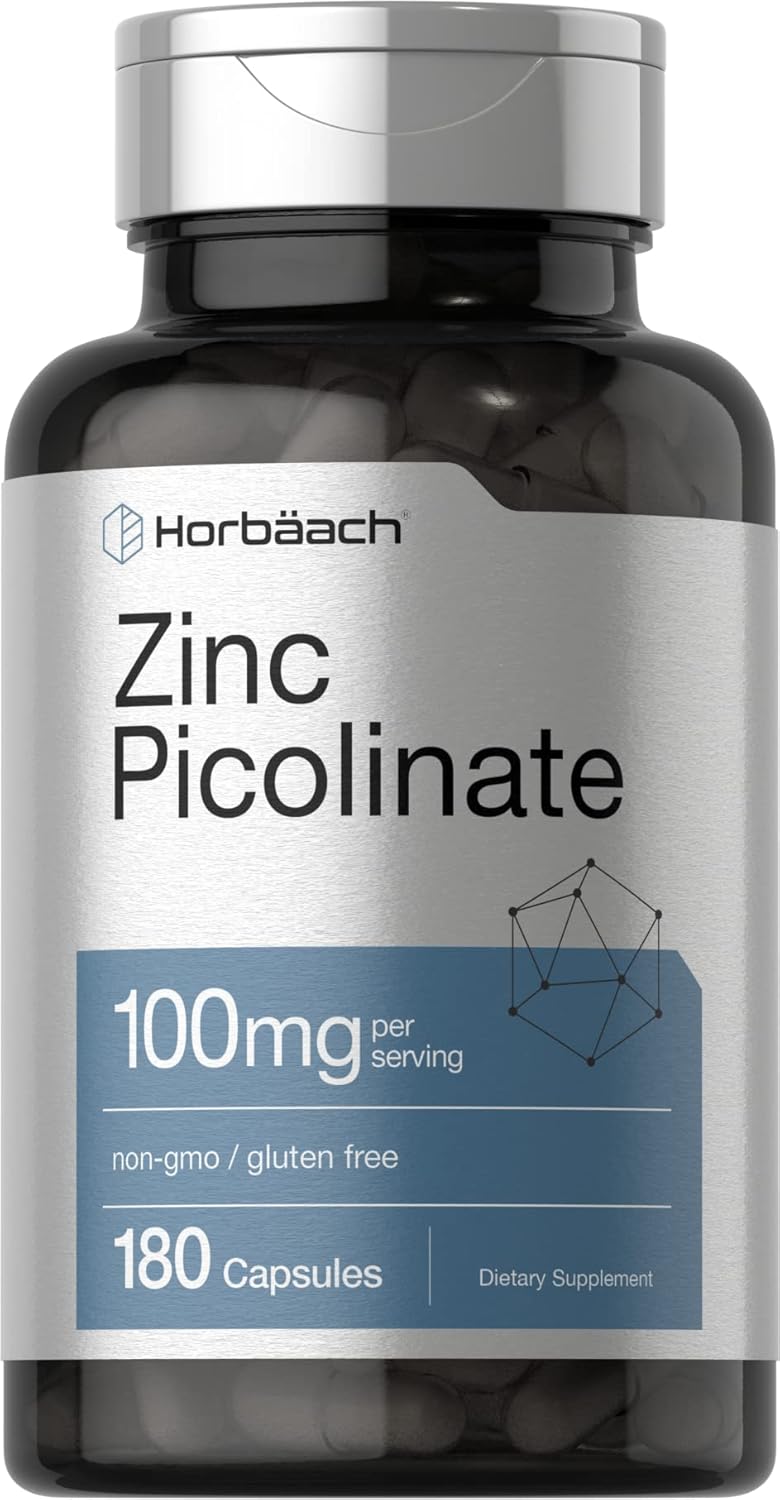 High Potency Horbäach Zinc Picolinate 100mg - 180 Capsules - Non-GMO and Gluten Free - Zinc Supplement for Immune Support