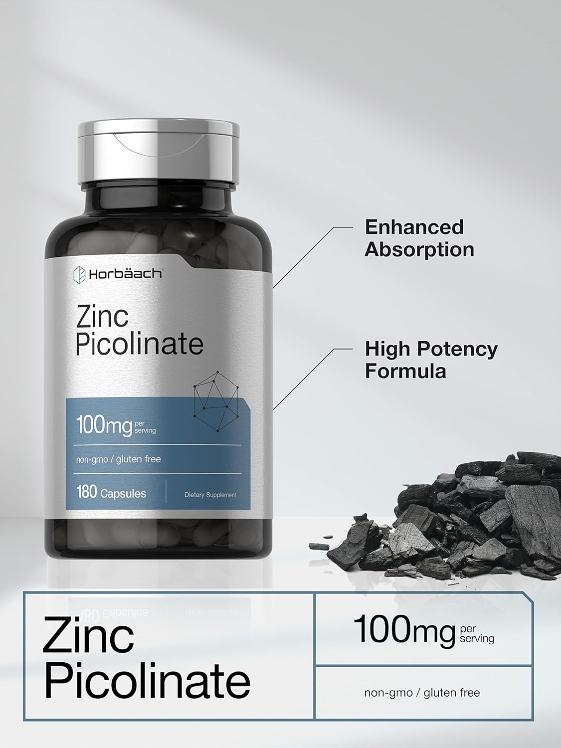 High Potency Horbäach Zinc Picolinate 100mg - 180 Capsules - Non-GMO and Gluten Free - Zinc Supplement for Immune Support