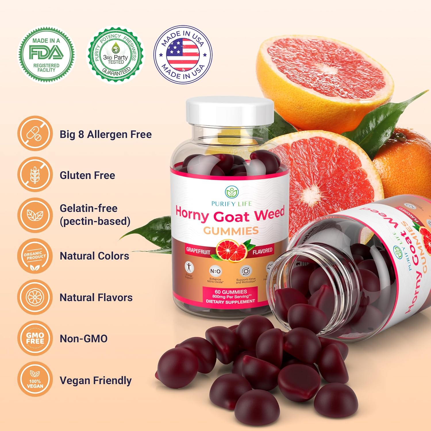 High-Potency Horny Goat Weed Extract Gummies for Men and Women - Natural Energy Boost, Stamina, and Performance Support - Vegan, Gluten-Free Grapefruit Chews