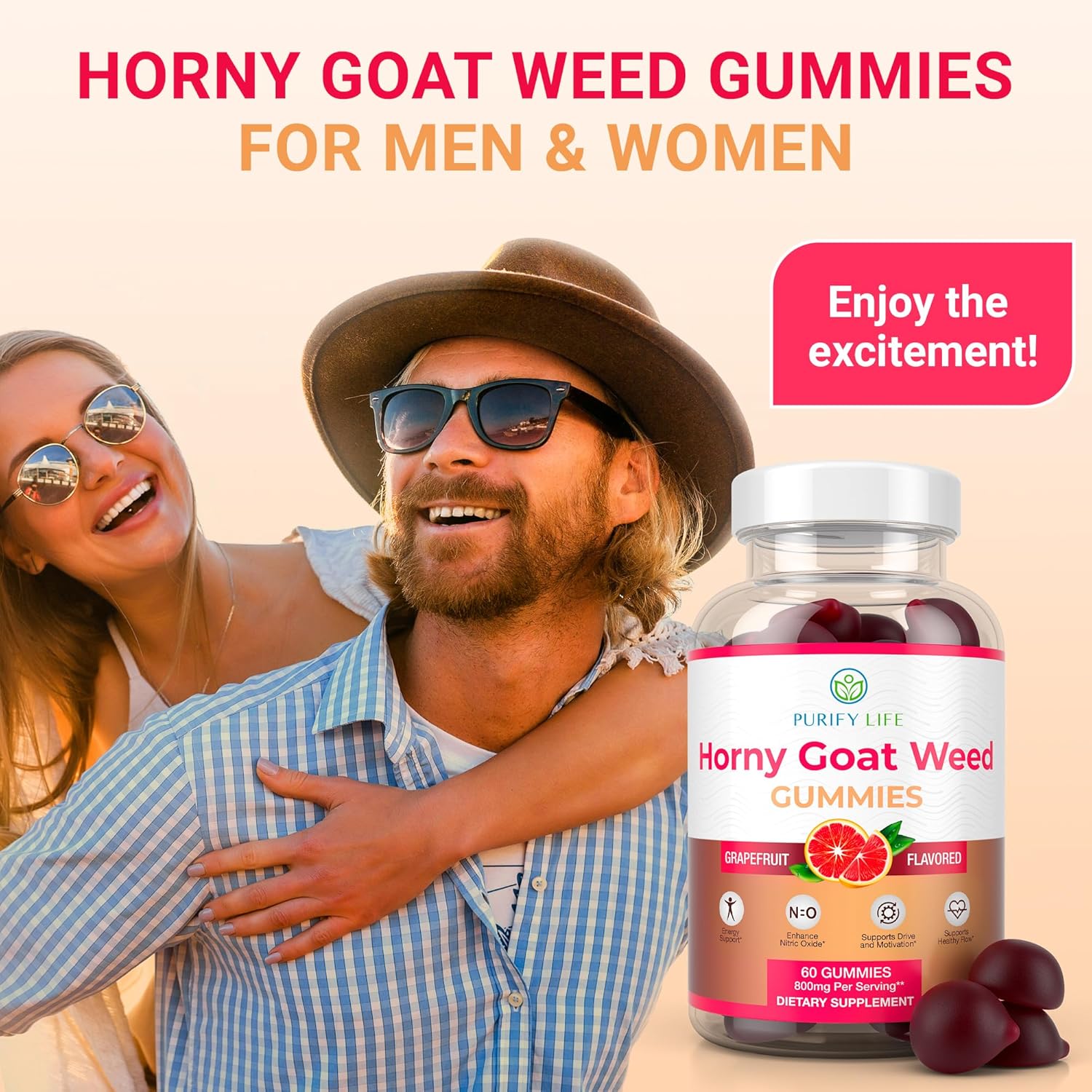 High-Potency Horny Goat Weed Extract Gummies for Men and Women - Natural Energy Boost, Stamina, and Performance Support - Vegan, Gluten-Free Grapefruit Chews