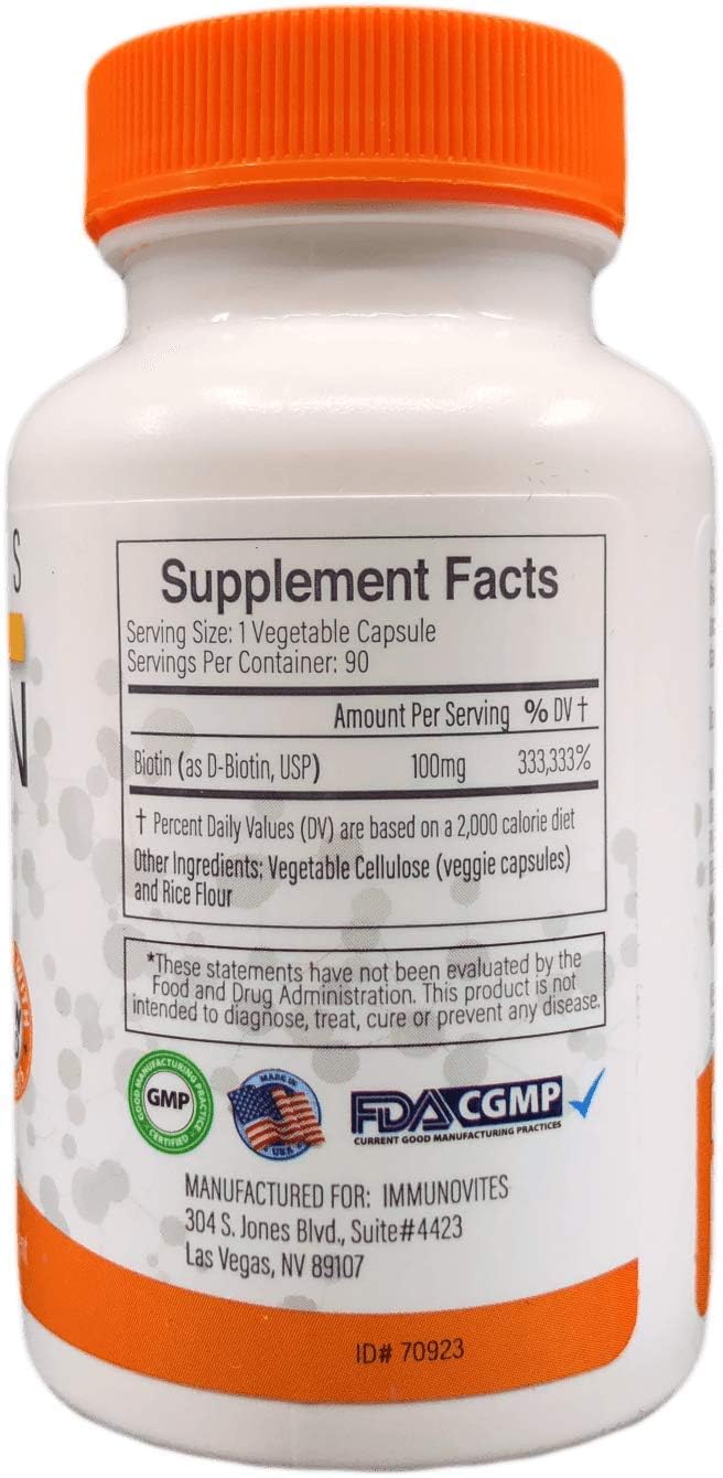 High Potency IMMUNOVITES Biotin 100mg Capsules - 90 Count (100,000mcg Equivalent)