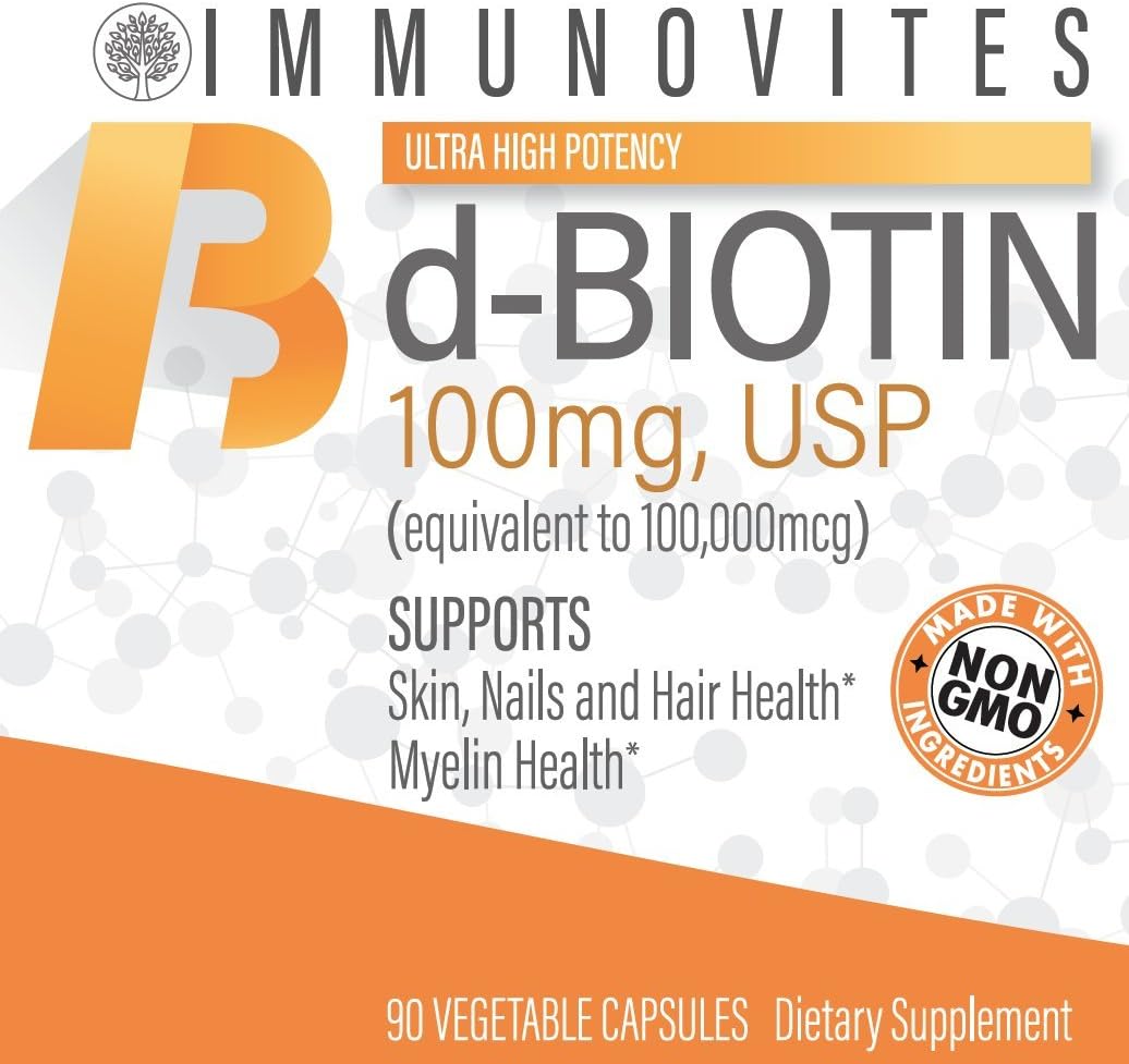 High Potency IMMUNOVITES Biotin 100mg Capsules - 90 Count (100,000mcg Equivalent)