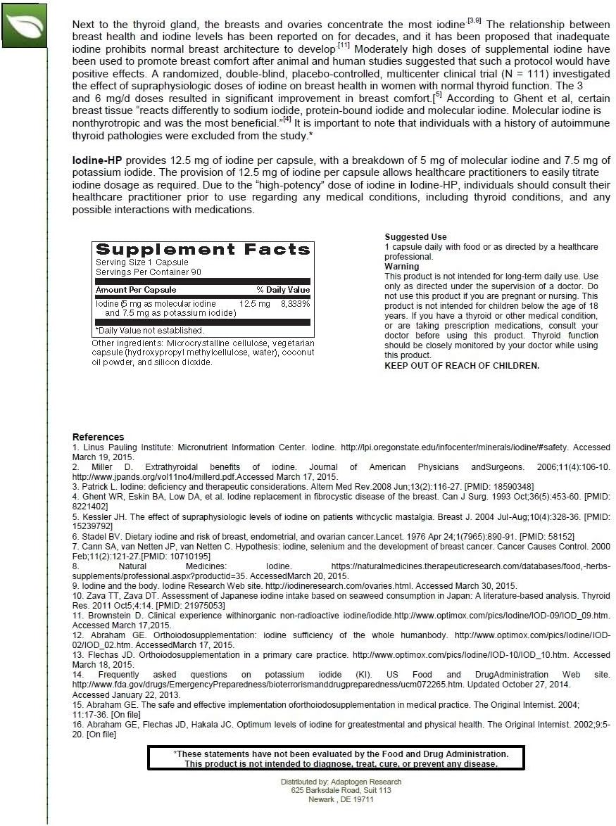 High Potency Iodine Complex Supplement - 12.5 mg with Sodium Iodide Potassium Iodide - 180 Vegetarian Capsules by Adaptogen Research