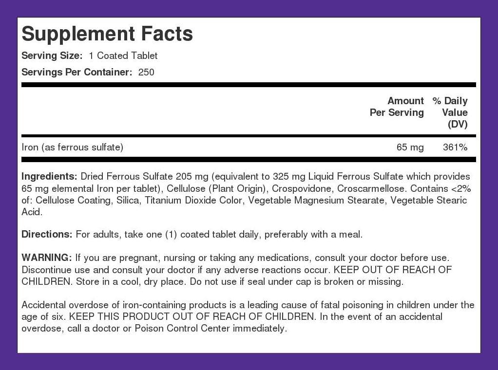 High Potency Iron Ferrous Sulfate 65 mg Supplement 250 Tablets - Vegetarian, Non-GMO, Gluten Free Formula