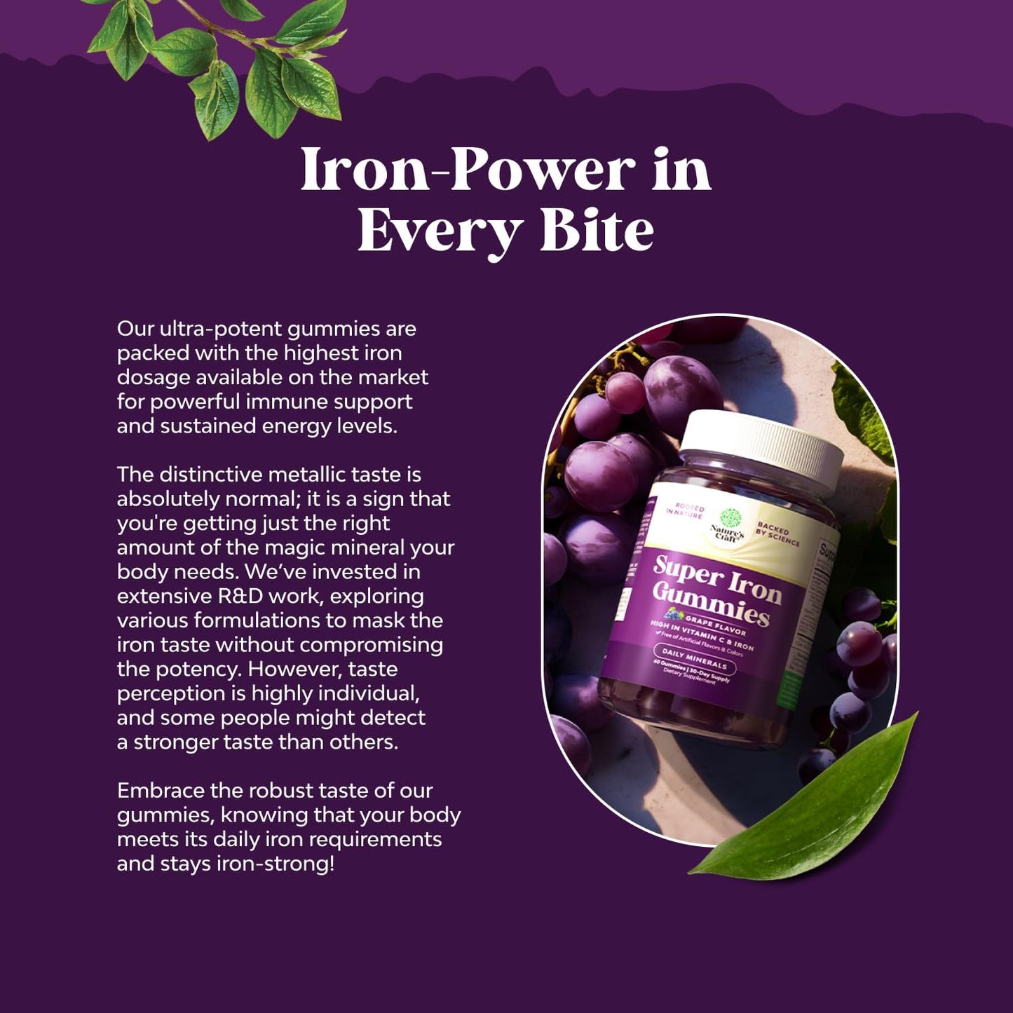 High Potency Iron Gummies with Vitamin C for Men and Women - Vegan Chewable Iron Supplement 45mg - Natural Iron Gummy with No Artificial Flavors