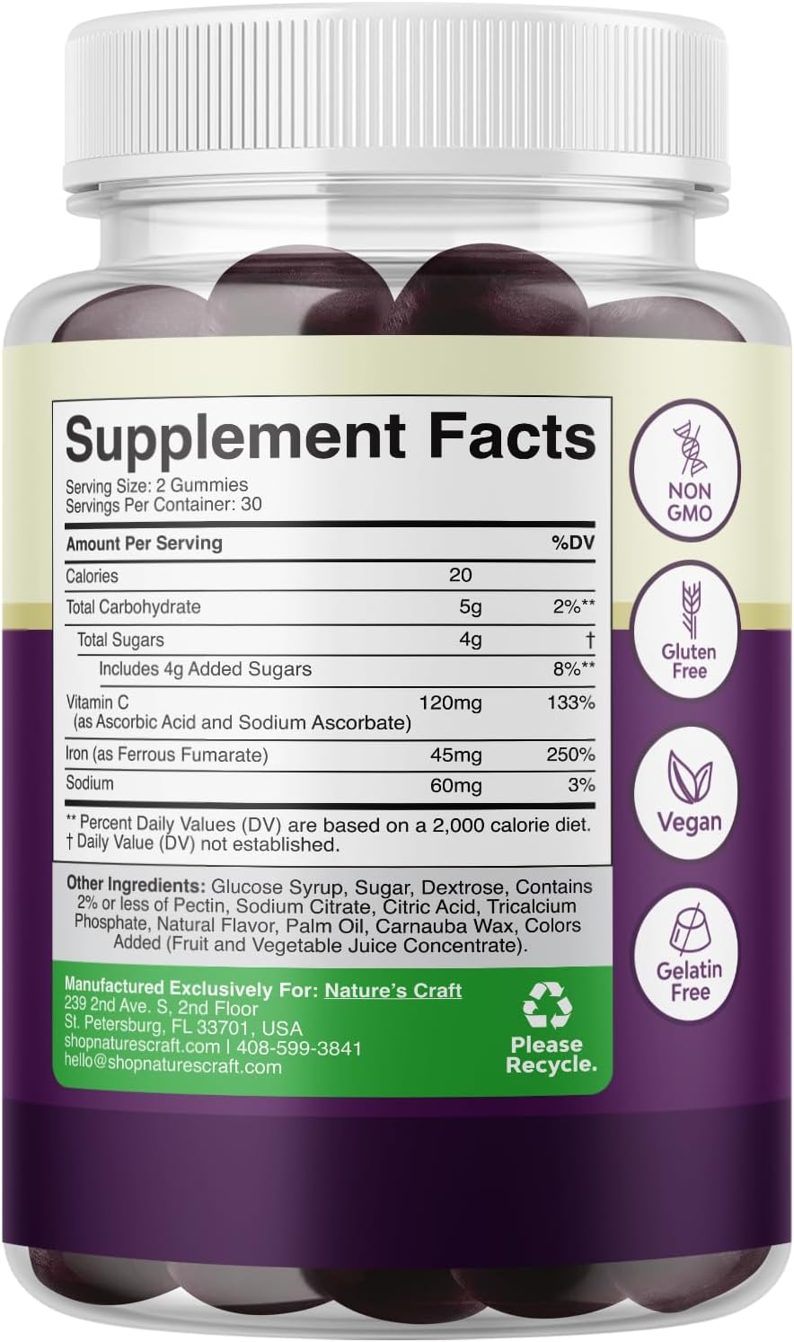 High Potency Iron Gummies with Vitamin C for Men and Women - Vegan Chewable Iron Supplement 45mg - Natural Iron Gummy with No Artificial Flavors