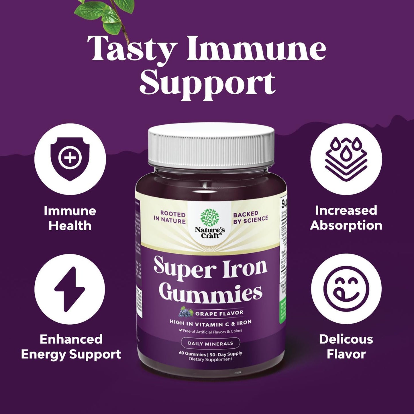 High Potency Iron Gummies with Vitamin C for Men and Women - Vegan Chewable Iron Supplement 45mg - Natural Iron Gummy with No Artificial Flavors
