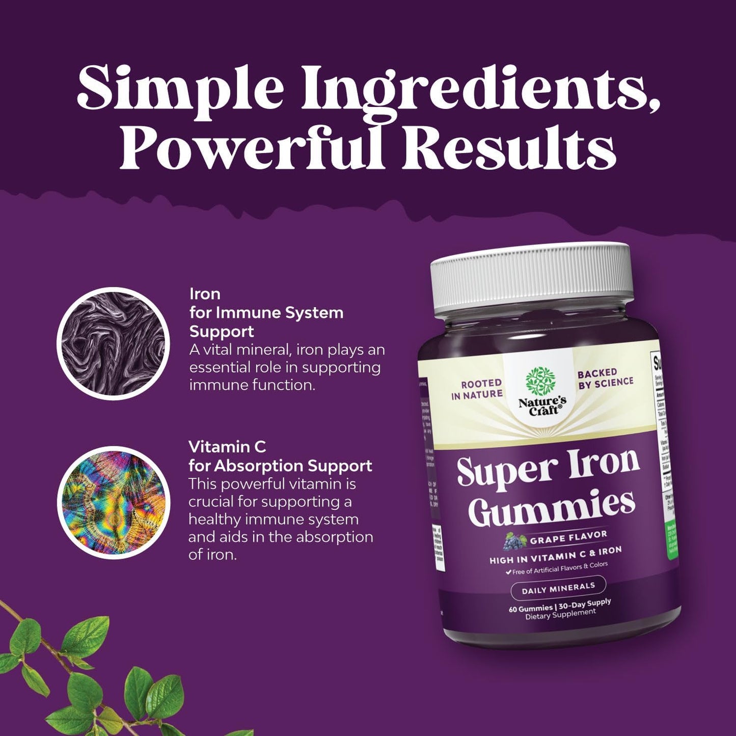 High Potency Iron Gummies with Vitamin C for Men and Women - Vegan Chewable Iron Supplement 45mg - Natural Iron Gummy with No Artificial Flavors