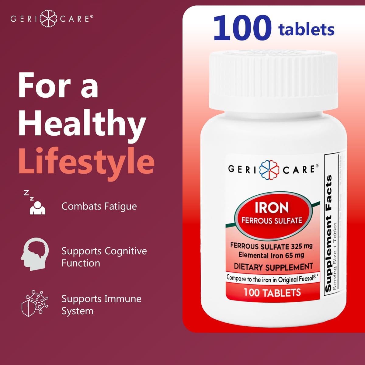 High Potency Iron Supplement 325mg Tablets - GeriCare Ferrous Sulfate with 65mg Elemental Iron - 100 Count x 2 Pack Dietary Supplement