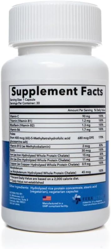 High Potency Iron Supplement for Boosting Energy and Ferritin Levels | Non-Constipating Daily Multivitamin | Dr. Wholeness Blood Vitality Formula | 30 Capsules