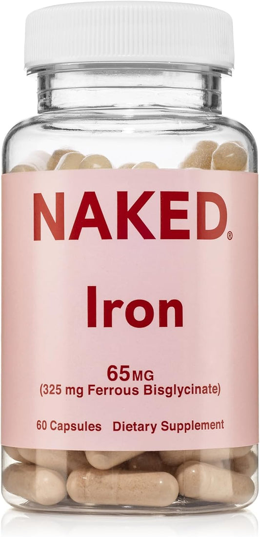 High Potency Iron Supplement for Energy Support - Naked Nutrition Iron 65mg, 325mg Ferrous Bisglycinate Capsules - Non-GMO & Gluten-Free - Promotes Healthy Red Blood Cells - 60 Count