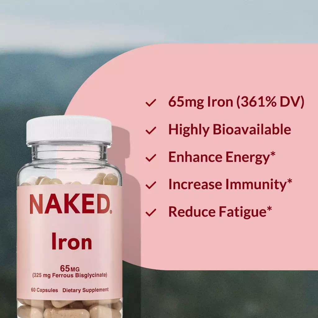 High Potency Iron Supplement for Energy Support - Naked Nutrition Iron 65mg, 325mg Ferrous Bisglycinate Capsules - Non-GMO & Gluten-Free - Promotes Healthy Red Blood Cells - 60 Count