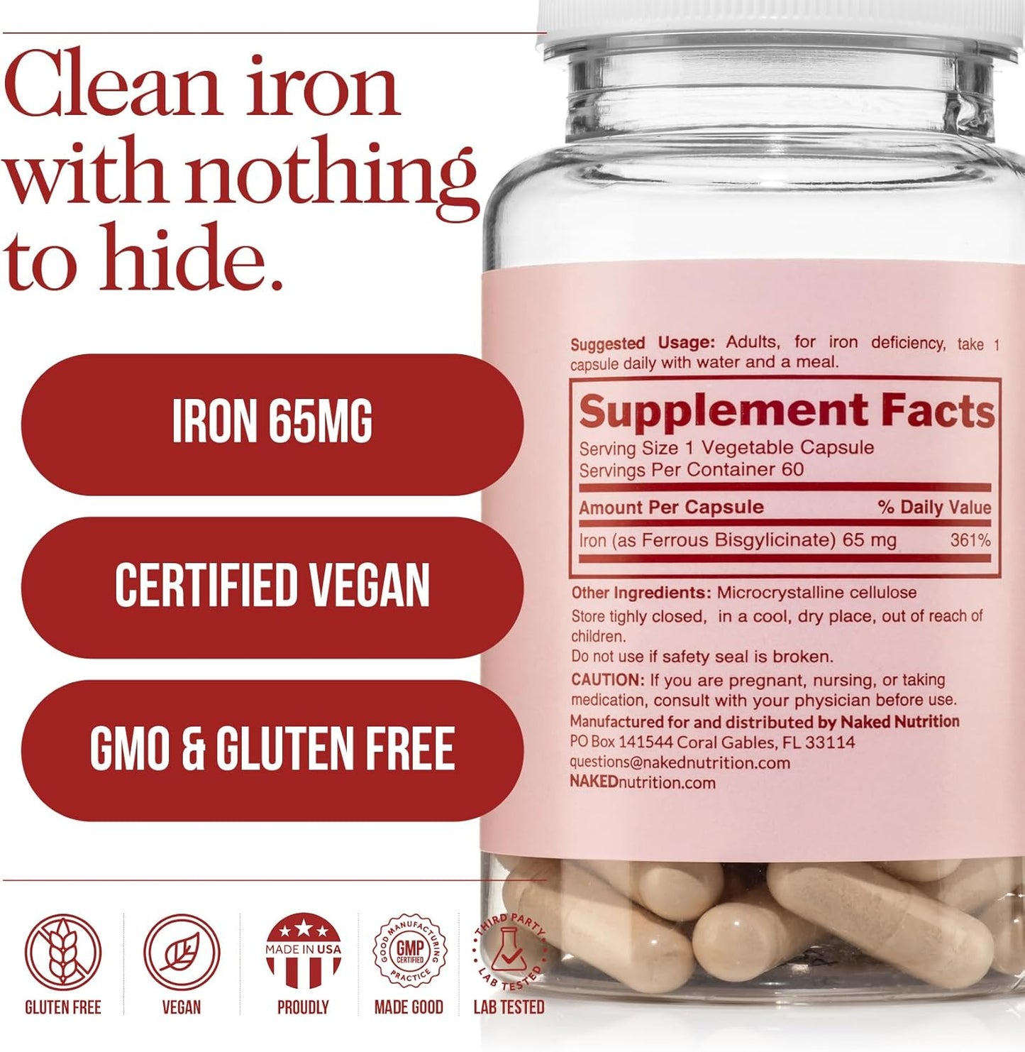 High Potency Iron Supplement for Energy Support - Naked Nutrition Iron 65mg, 325mg Ferrous Bisglycinate Capsules - Non-GMO & Gluten-Free - Promotes Healthy Red Blood Cells - 60 Count