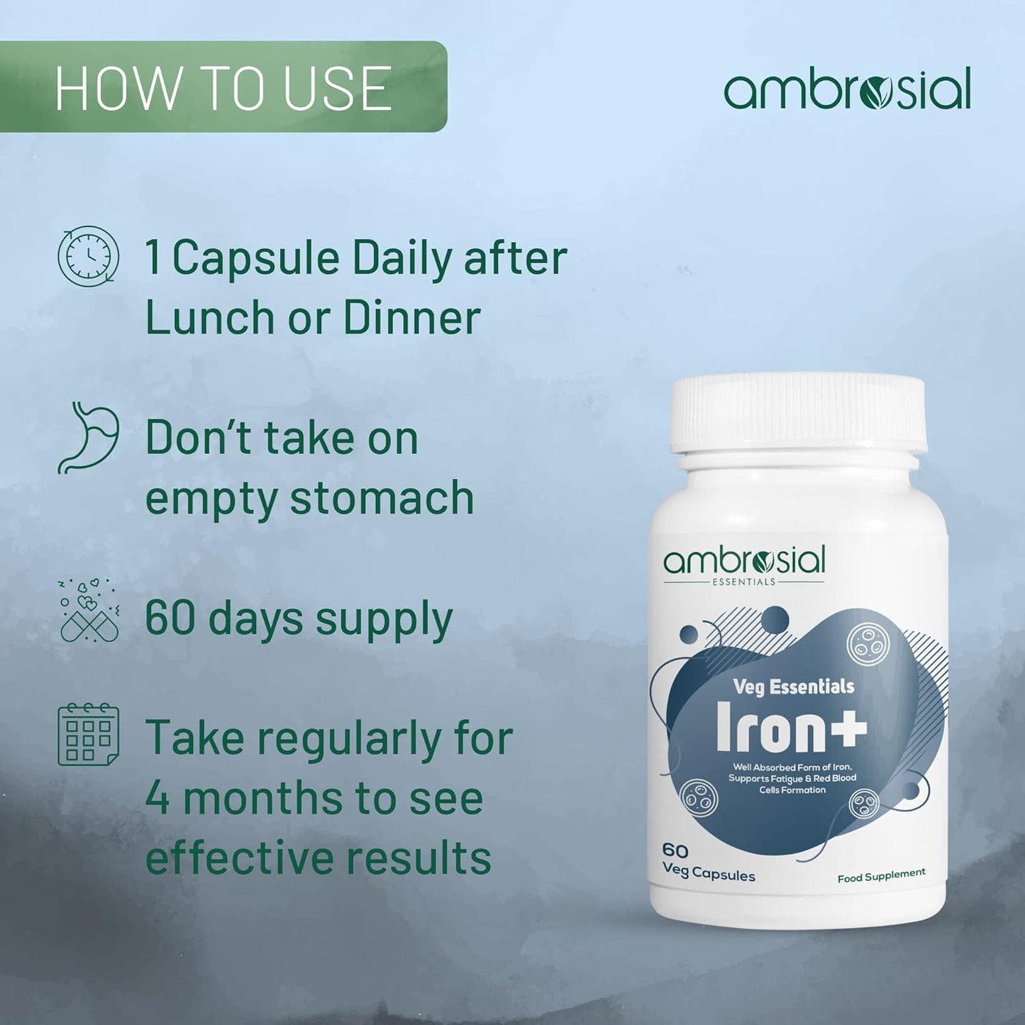 High Potency Iron Supplement with 25mg per Capsule - Pack of 1-60 Capsules