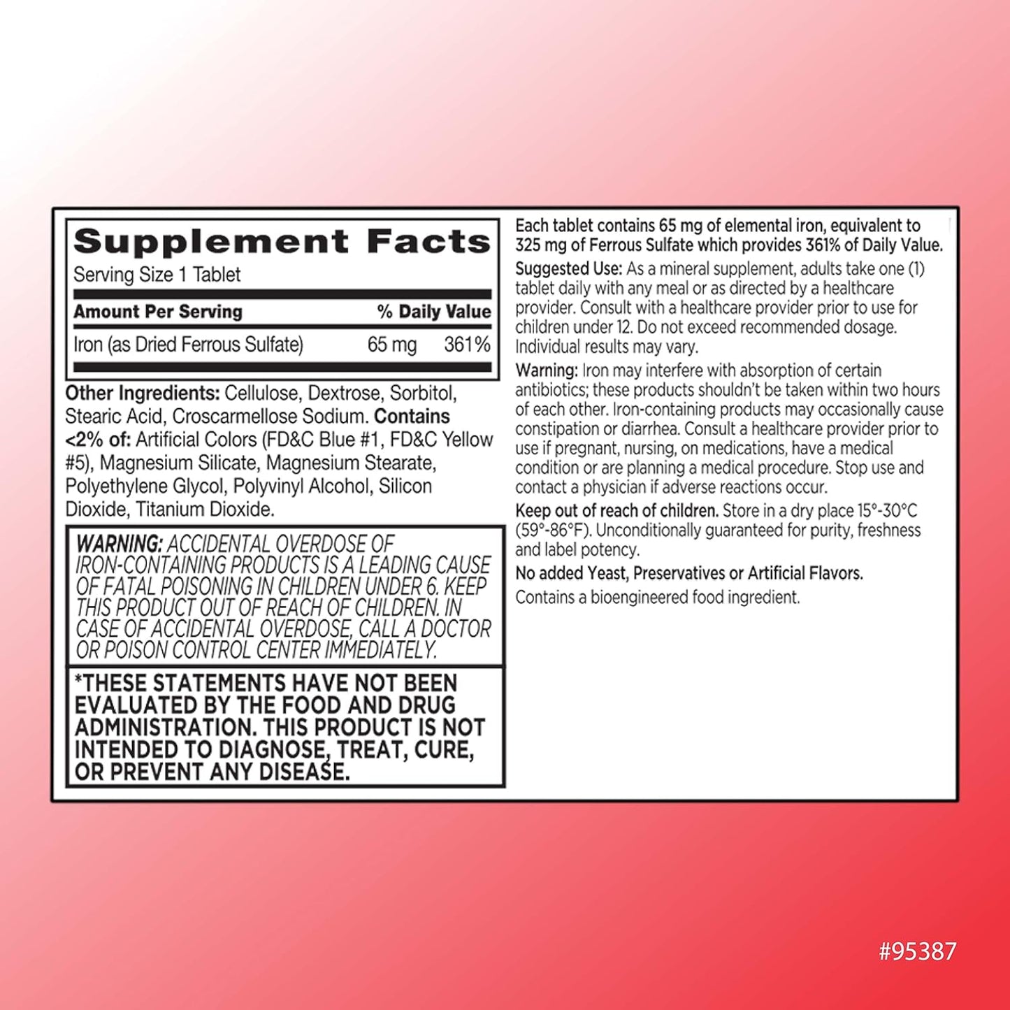 High Potency Iron Support Supplement Tablets - 100 Count Bottles - 65 mg Iron (325 mg Ferrous Sulfate) - Quality Choice