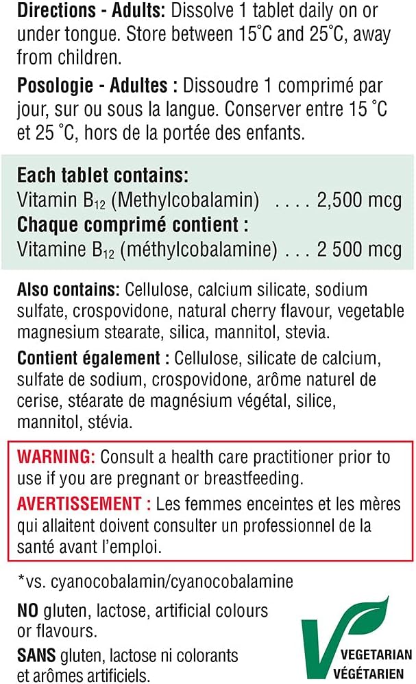 High Potency Jamieson Vitamin B12 2,500 mcg Methylcobalamin Sublingual Tablets - 60 Count