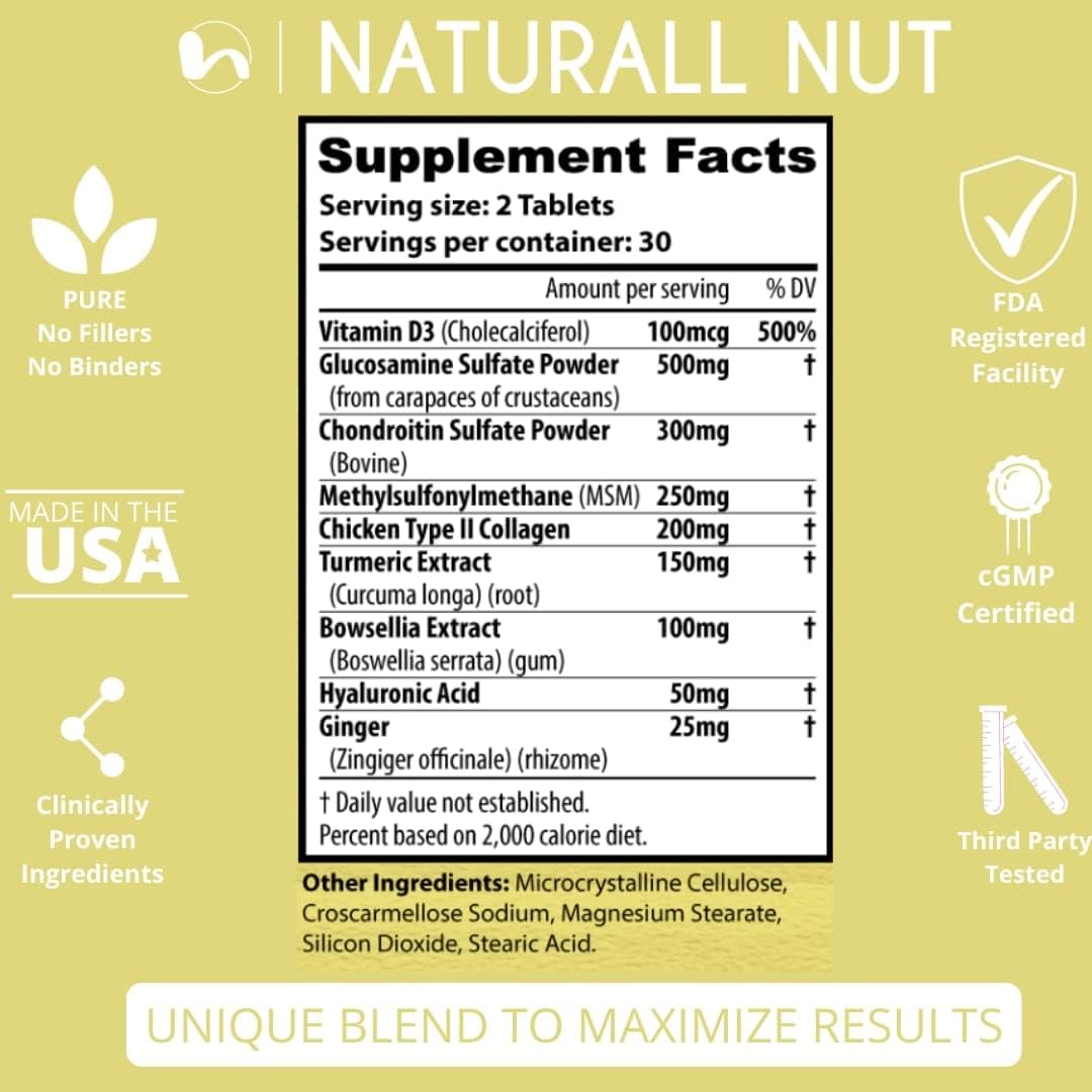 High Potency Joint Support Formula with Glucosamine, Chondroitin, MSM, Turmeric, Boswellia, Hyaluronic Acid, Collagen - Non GMO Joint Supplements for Women & Men - 60 Tablets