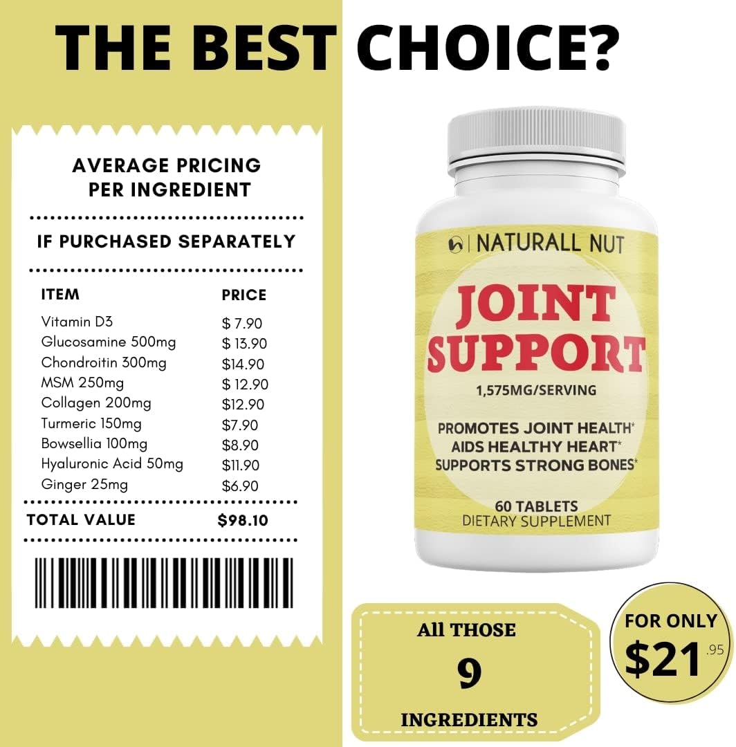 High Potency Joint Support Formula with Glucosamine, Chondroitin, MSM, Turmeric, Boswellia, Hyaluronic Acid, Collagen - Non GMO Joint Supplements for Women & Men - 60 Tablets