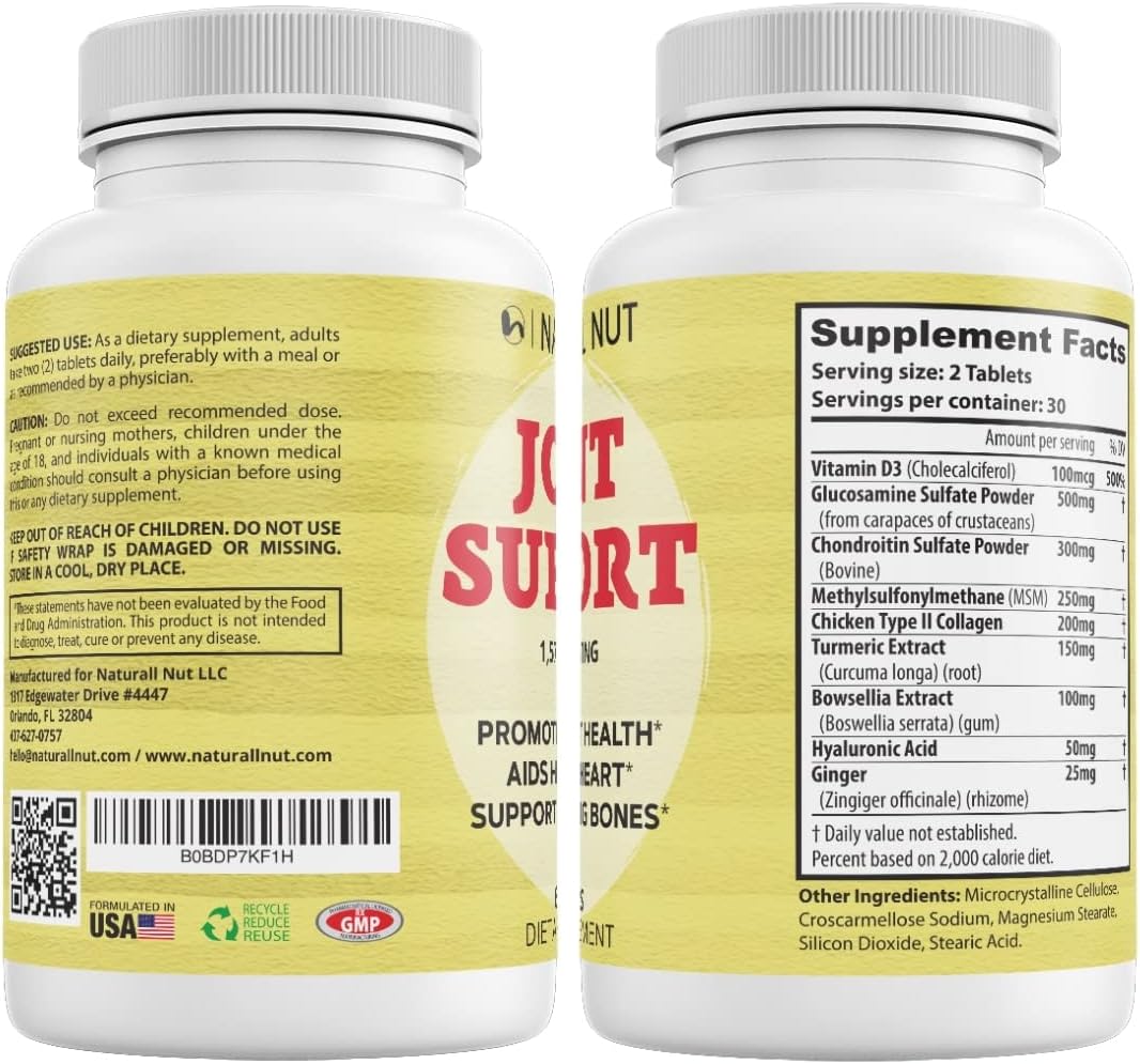 High Potency Joint Support Formula with Glucosamine, Chondroitin, MSM, Turmeric, Boswellia, Hyaluronic Acid, Collagen - Non GMO Joint Supplements for Women & Men - 60 Tablets