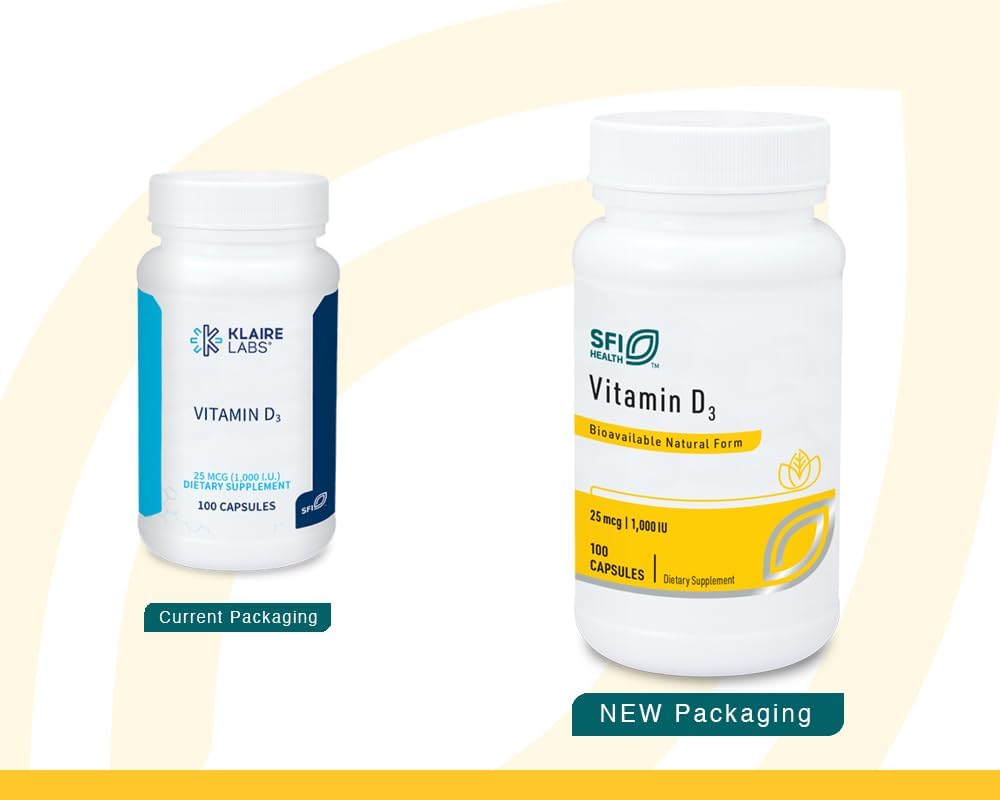 High Potency Klaire Labs Vitamin D3 1000 IU Capsules for Bone & Immune Support - Hypoallergenic Formula with 25mcg