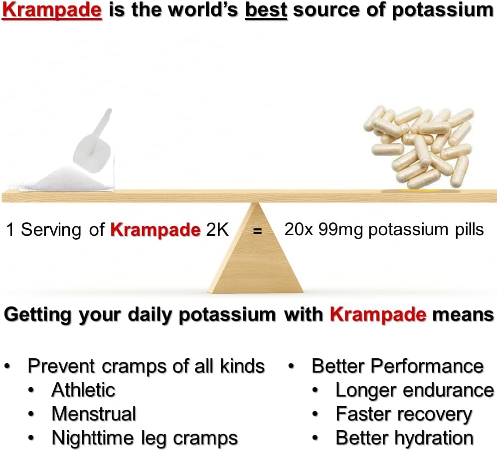 High Potency Krampade Electrolyte Powder with 2000mg of Potassium - Double the K+ Content of Coconut Water for Cramp Relief and Hydration