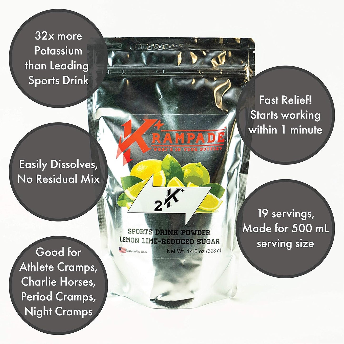 High Potency Krampade Electrolyte Powder with 2000mg of Potassium - Double the K+ Content of Coconut Water for Cramp Relief and Hydration