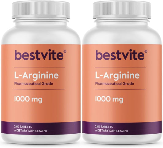 High Potency L-Arginine 1000mg Tablets (480 Count) - Purest Form with 20% More L-Arginine - 2 Pack of 240 Tablets each