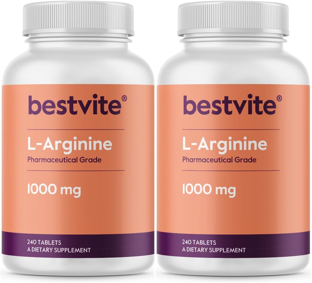 High Potency L-Arginine 1000mg Tablets (480 Count) - Purest Form with 20% More L-Arginine - 2 Pack of 240 Tablets each