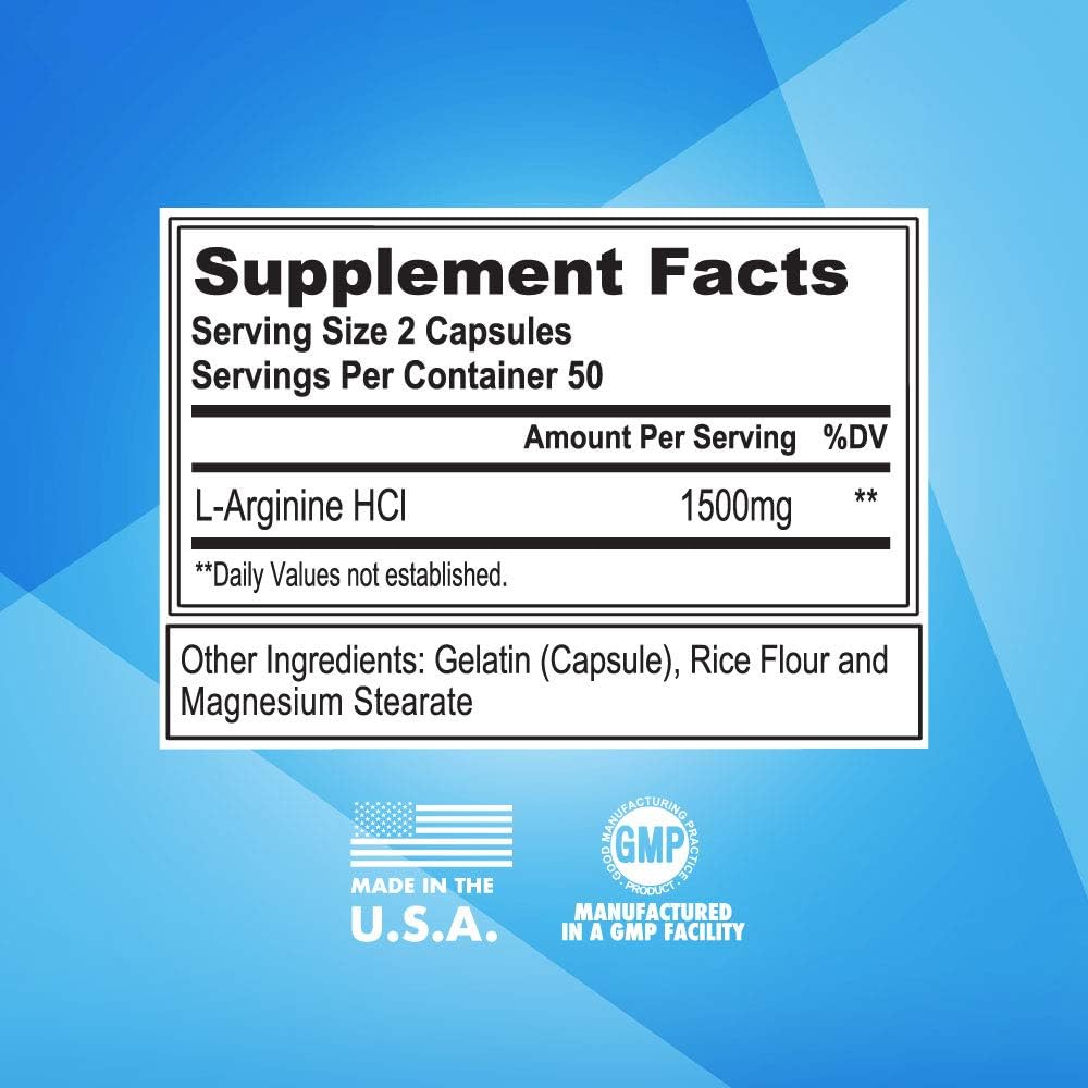 High Potency L-Arginine HCl 1500mg for Vascularity, Pumps, Endurance, Muscle Growth - Nitric Oxide Supplement for Performance and Energy - 50 Servings