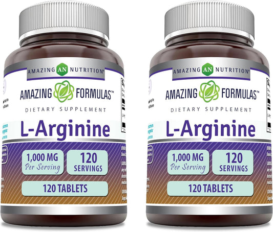High Potency L-Arginine Supplement 1000mg - Amino Acid for Men & Women - Non-GMO, Gluten Free - Made in USA - 120 Tablets x 2 Pack