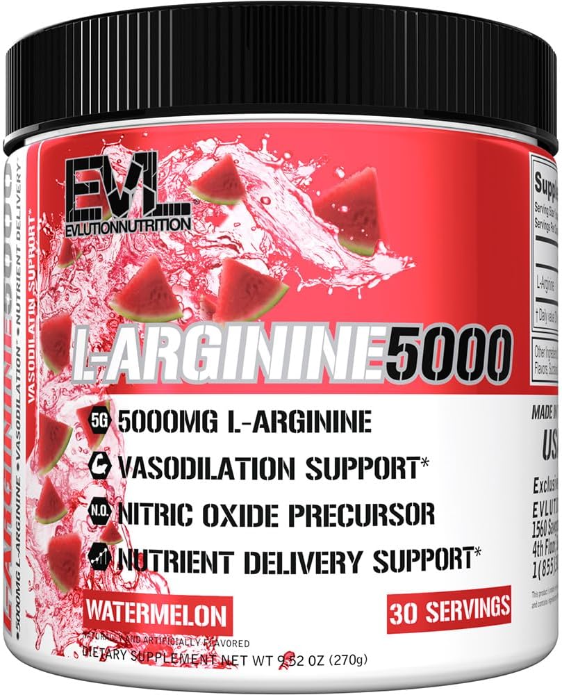 High Potency L-Arginine Supplement for Enhanced Pumps, Energy, Muscle Growth, and Vascularity - 5000mg Nitric Oxide Booster by Evlution Nutrition