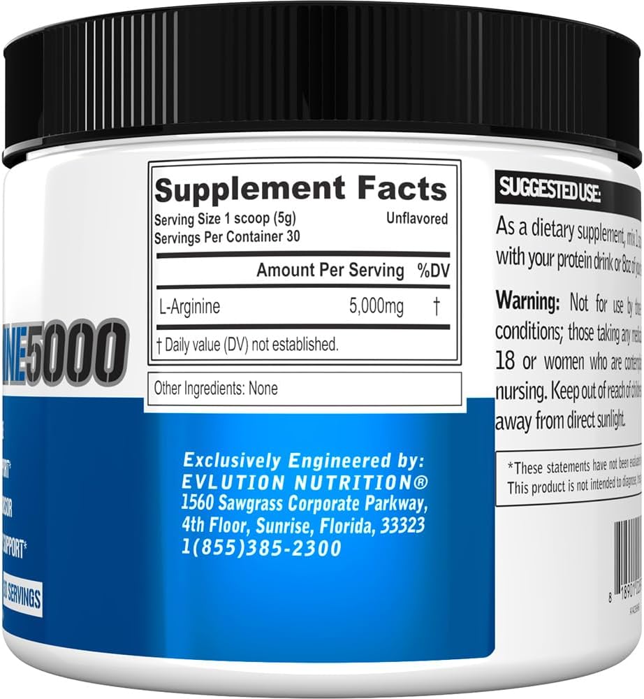 High Potency L-Arginine Supplement for Enhanced Pumps, Energy, Muscle Growth, and Vascularity - Evlution Nutrition Nitric Oxide Booster with 5000mg of L-Arginine