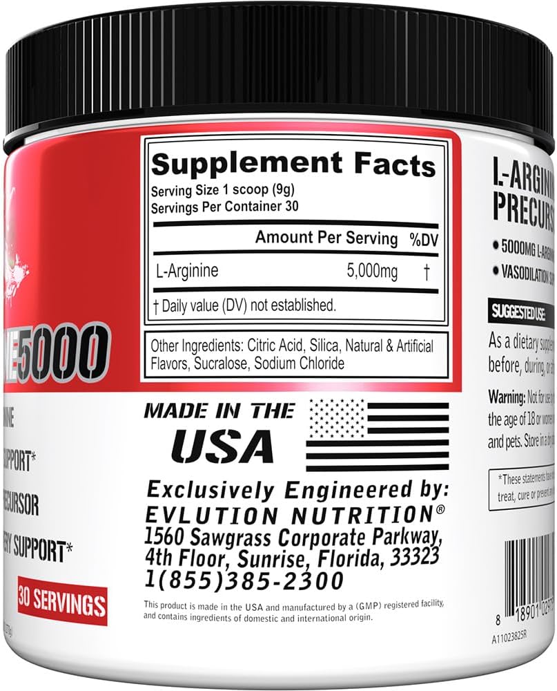 High Potency L-Arginine Supplement for Enhanced Pumps, Energy, Muscle Growth, and Vascularity - 5000mg Nitric Oxide Booster by Evlution Nutrition
