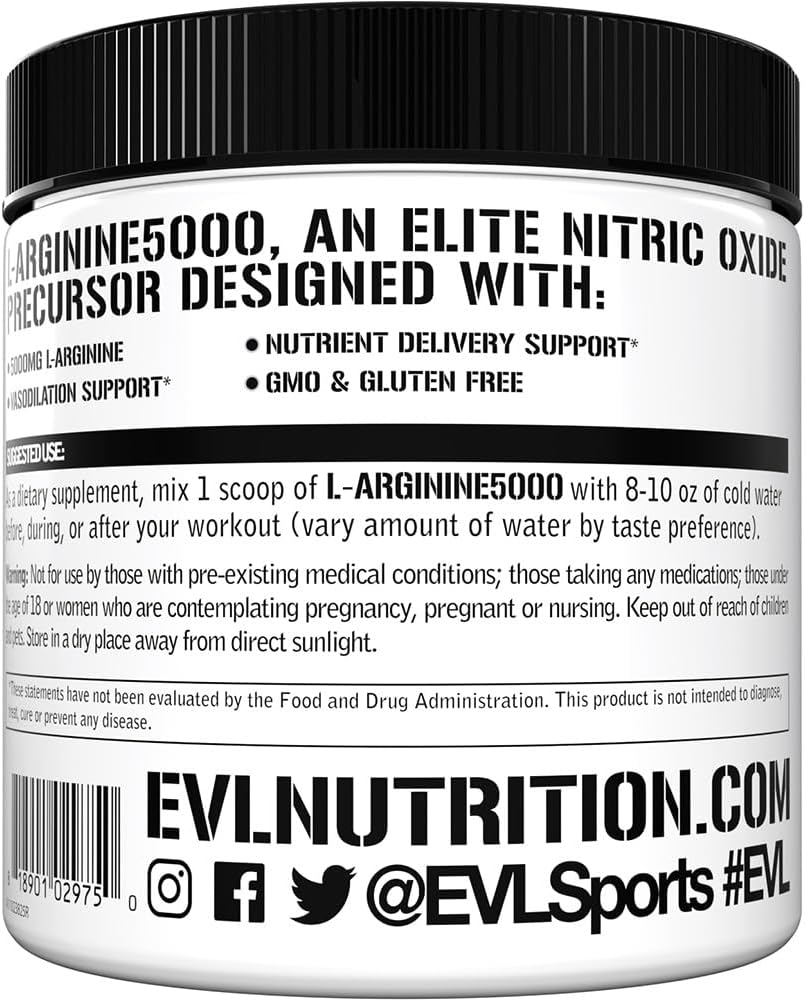 High Potency L-Arginine Supplement for Enhanced Pumps, Energy, Muscle Growth, and Vascularity - 5000mg Nitric Oxide Booster by Evlution Nutrition