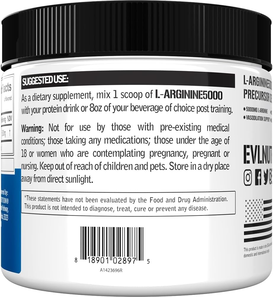 High Potency L-Arginine Supplement for Enhanced Pumps, Energy, Muscle Growth, and Vascularity - Evlution Nutrition Nitric Oxide Booster with 5000mg of L-Arginine