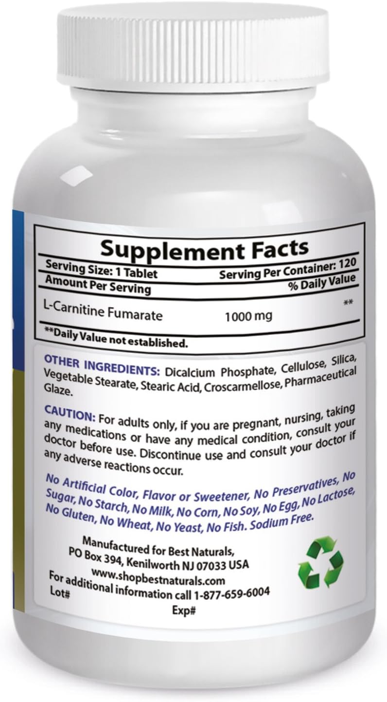 High Potency L-Carnitine Fumarate 1000mg Tablets - 120 Count - Enhances Cellular Energy Production